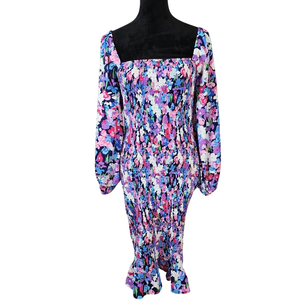 PINK LILY x Natalie Kennedy Size Medium Smocked Bodycon Midi Dress Puff Sleeve